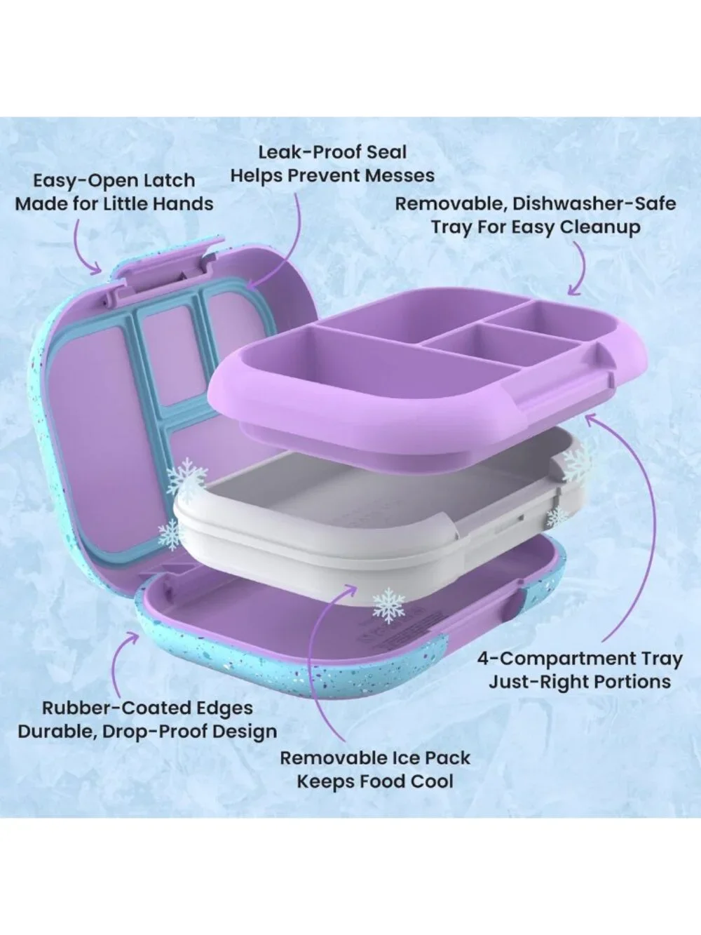Leakproof Kids Bento Lunch Box - 4 Compartments, Built-In Ice Pack, BPA-Free
